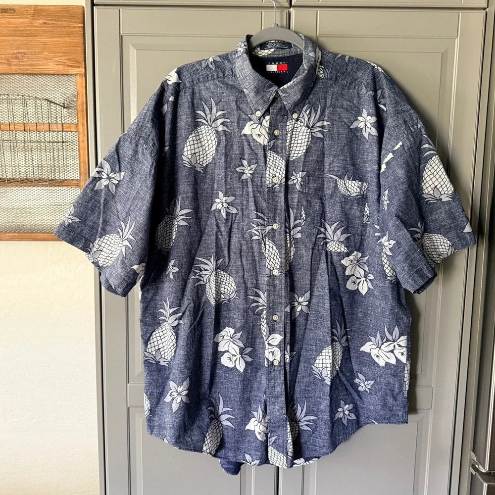 Tommy Hilfiger 90s Reverse Pineapple Print Short Sleeve Aloha Shirt,Blue,‎ XL
